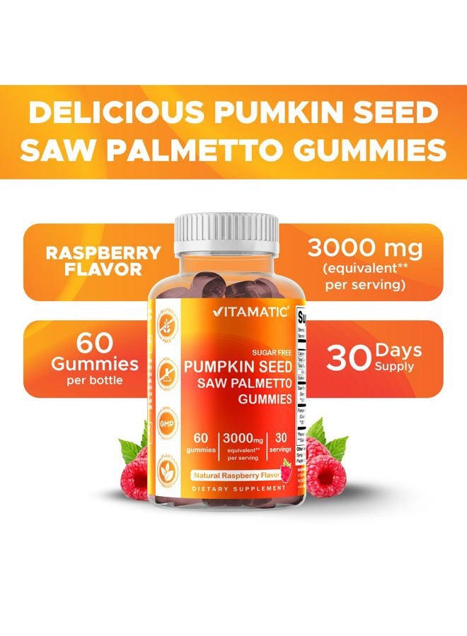 Vitamatic 2 Packs Sugar Free Pumpkin Seed Gummies- 3000 mg Equivalent Per Serving (from 20:1 and 10:1 Extract 200 mg) - Made with Saw Palmetto - Natural Raspberry Flavor - 60 Count - Image 4